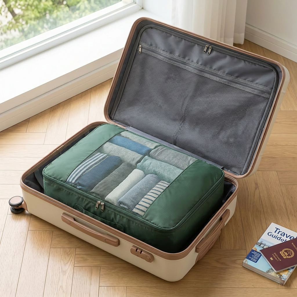 Single green packing cube in real-life use