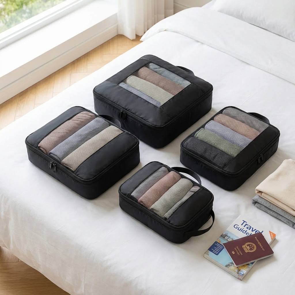 Black 4-piece packing cube set in real-life use