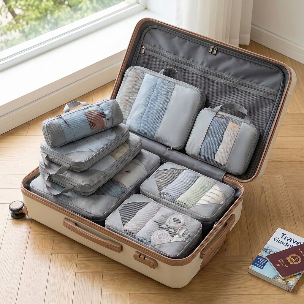 Grey 4-piece packing cube set in real-life use
