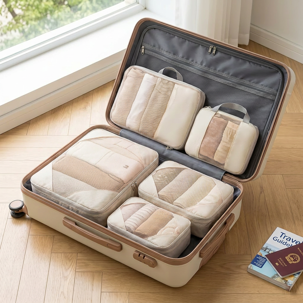 Beige 4-piece packing cube set in real-life use