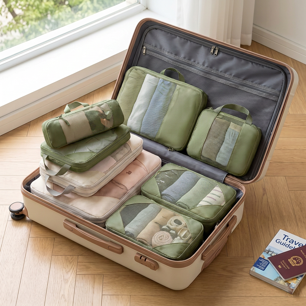 Green 4-piece packing cube set in real-life use