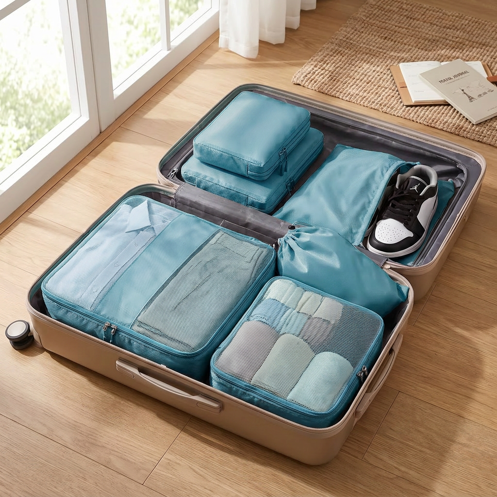 Lake blue 6-piece travel packing cubes in real-life use