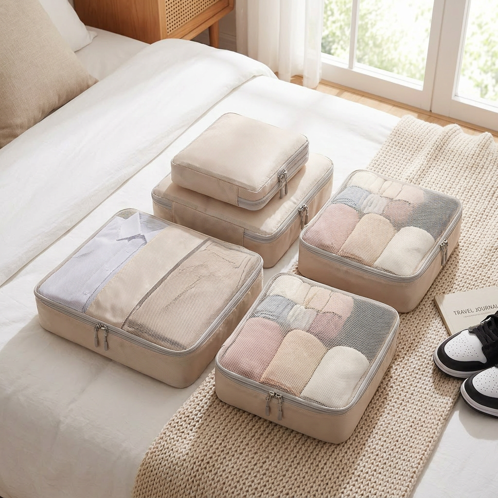 Beige 6-piece travel packing cubes in real-life use