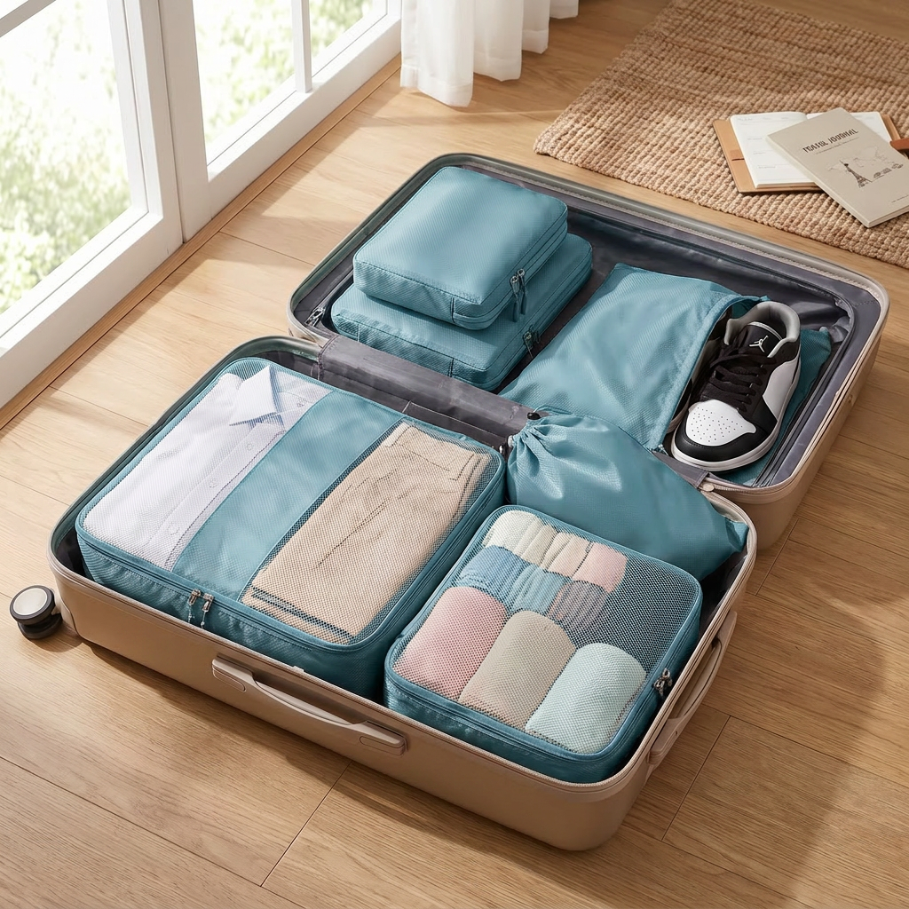 Lake blue 4-piece travel packing cubes in real-life use