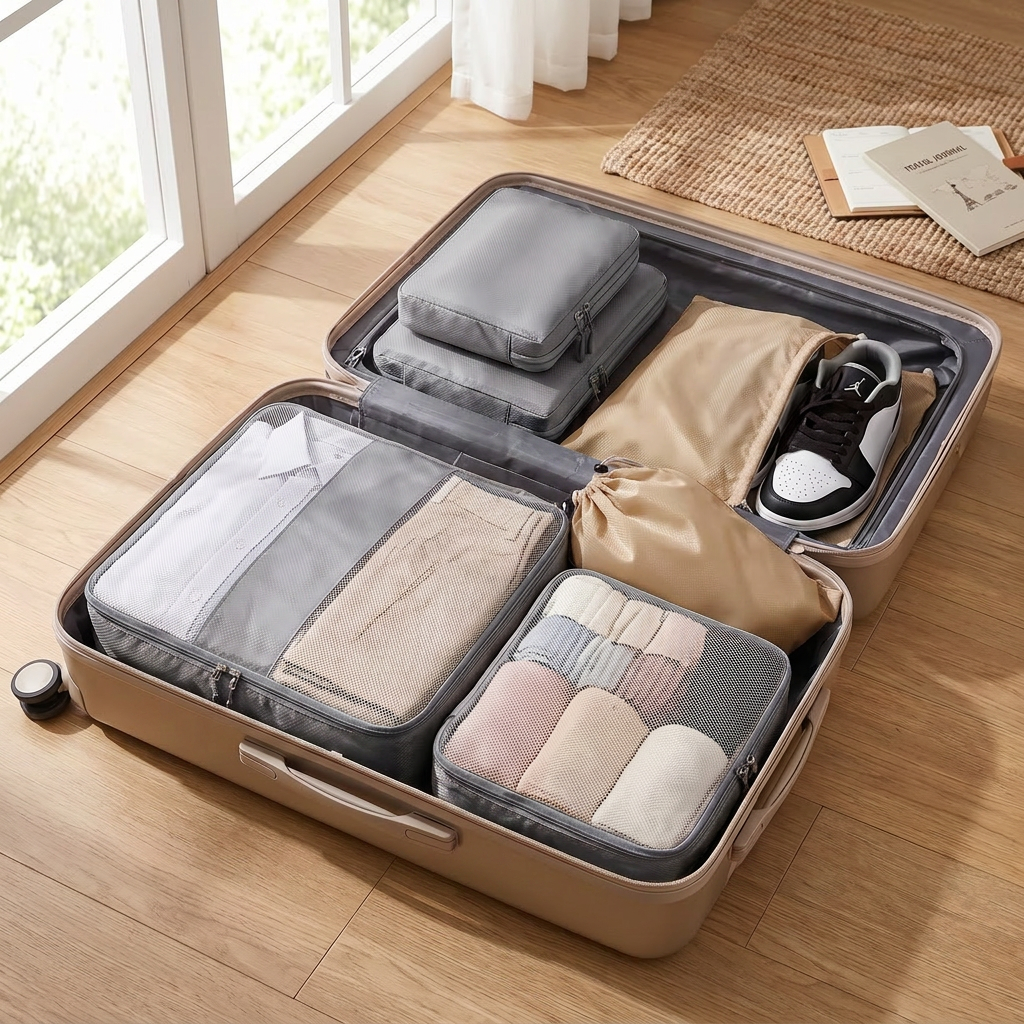 Grey 4-piece travel packing cubes in real-life use