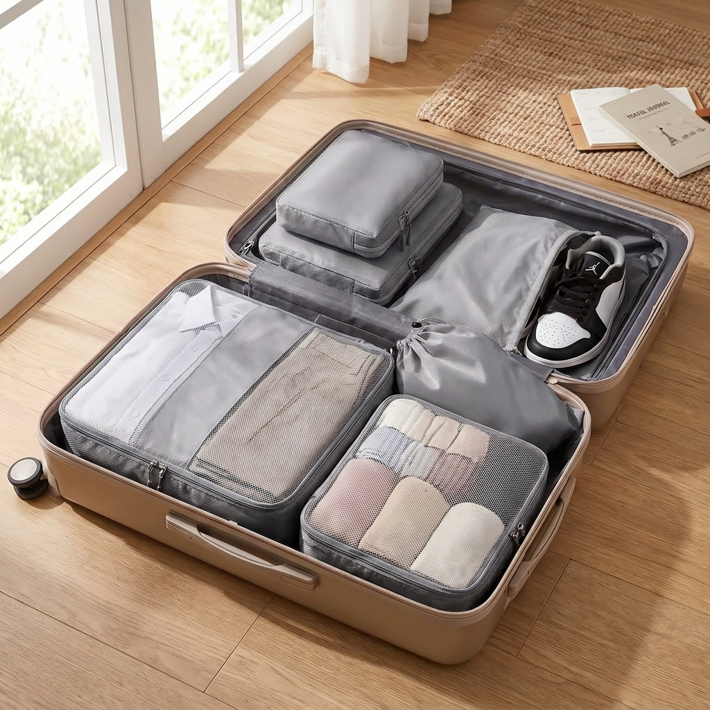 Grey 6-piece travel packing cubes in real-life use