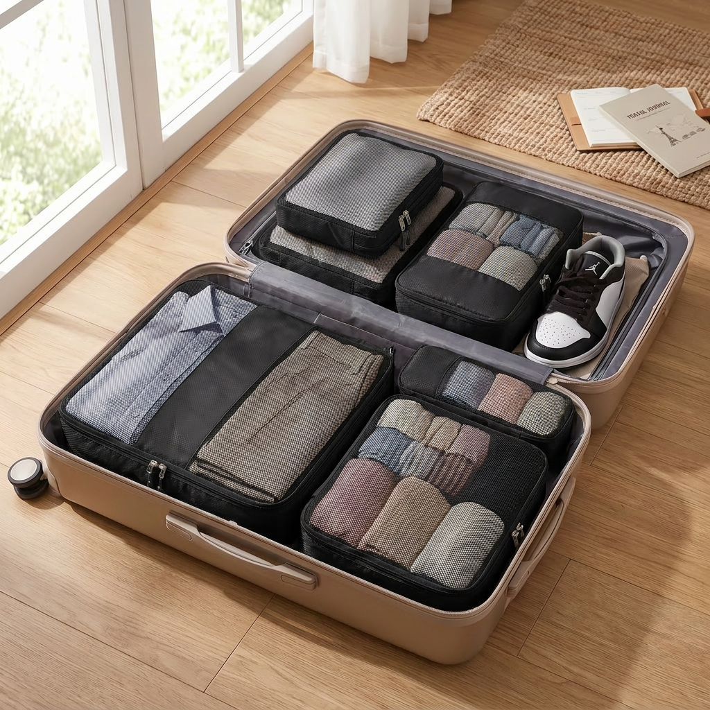 Black 6-piece travel packing cubes in real-life use
