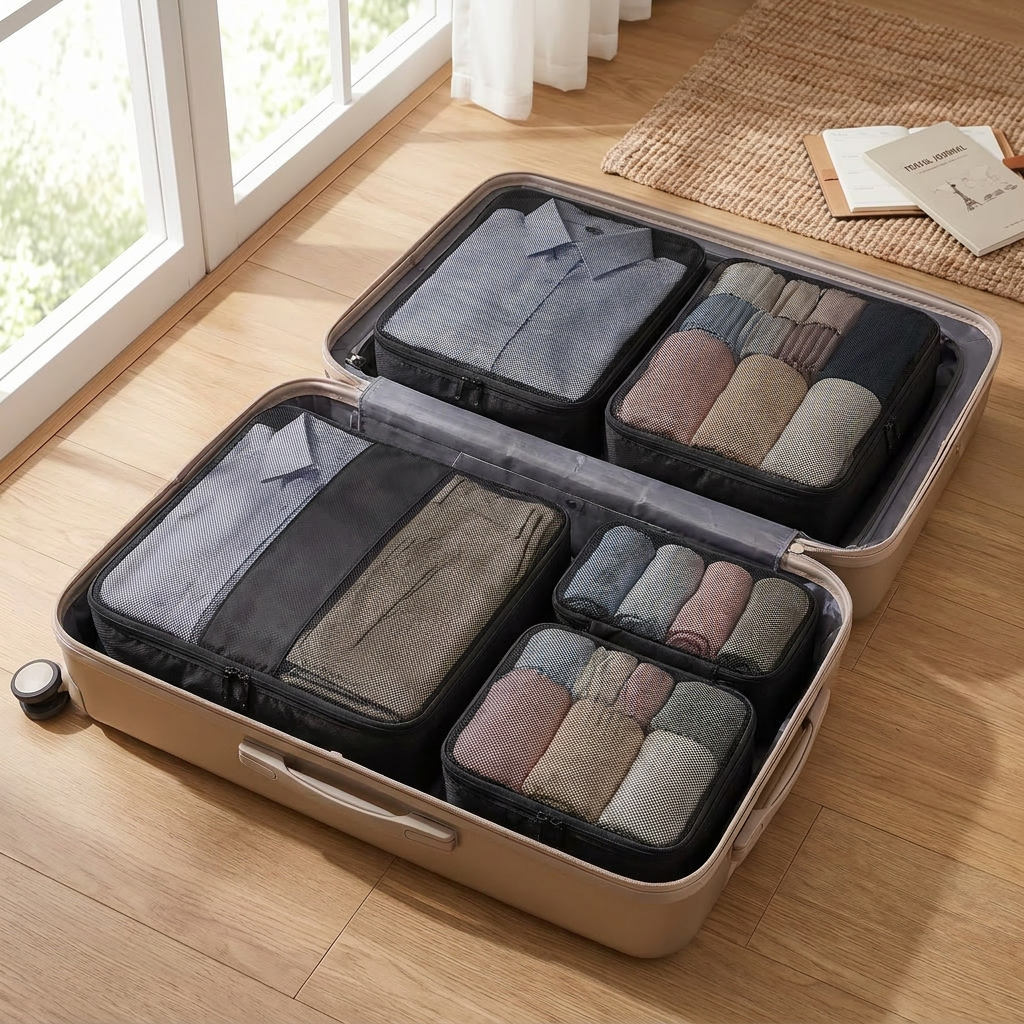 Black 4-piece travel packing cubes in real-life use
