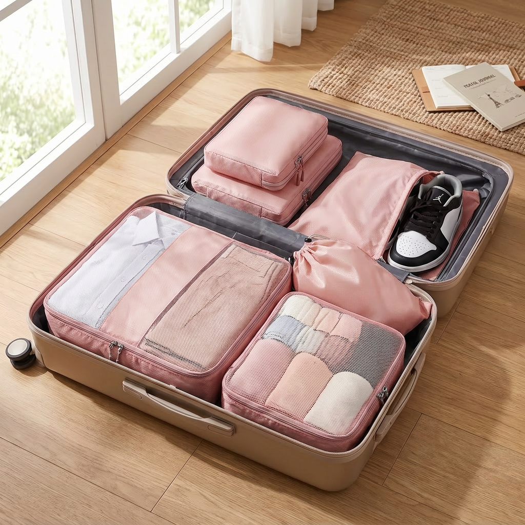 Pink 4-piece travel packing cubes in real-life use