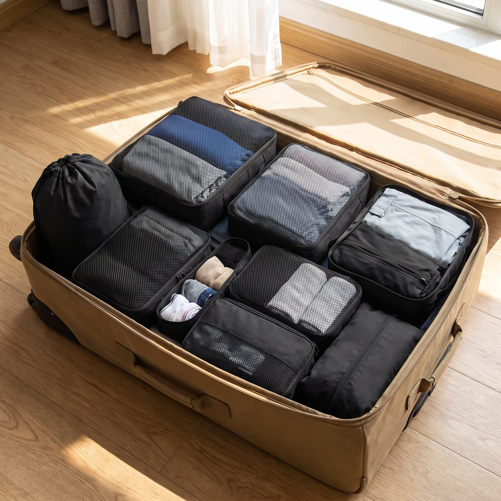 Black 6-piece travel packing cube set in real-life use