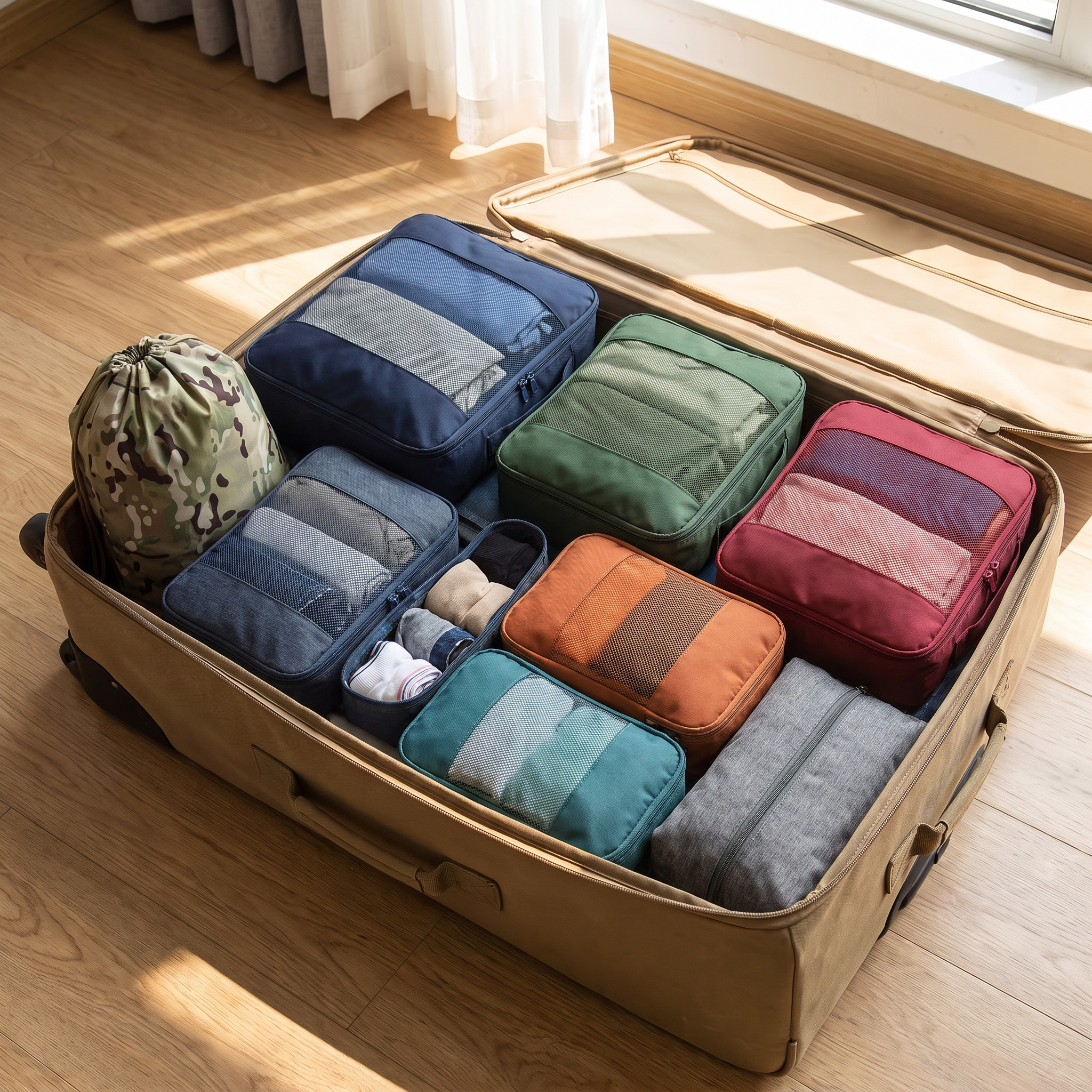 Assorted color 6-piece travel packing cube set in real-life use