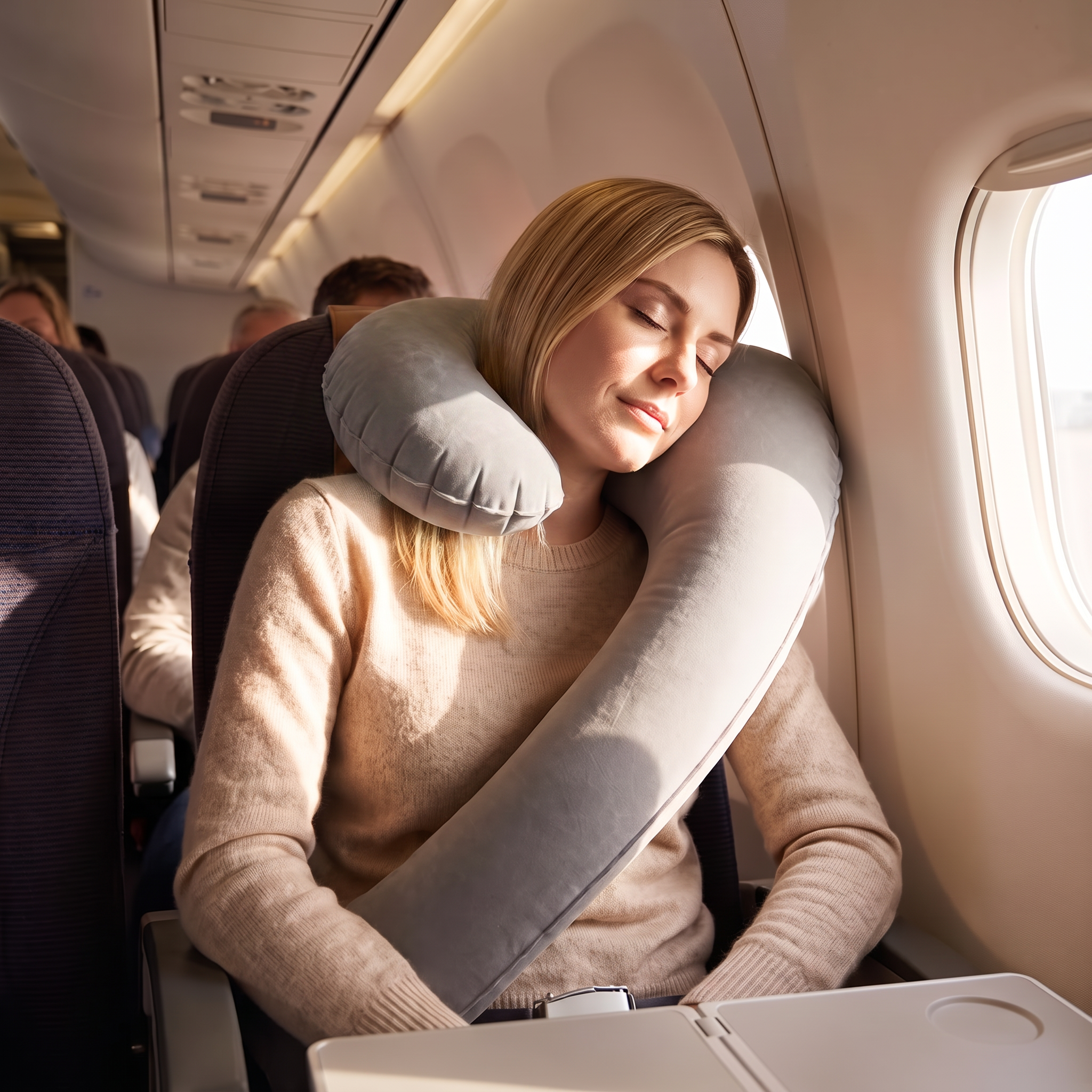 Grey inflatable travel sleep pillow in real-life use
