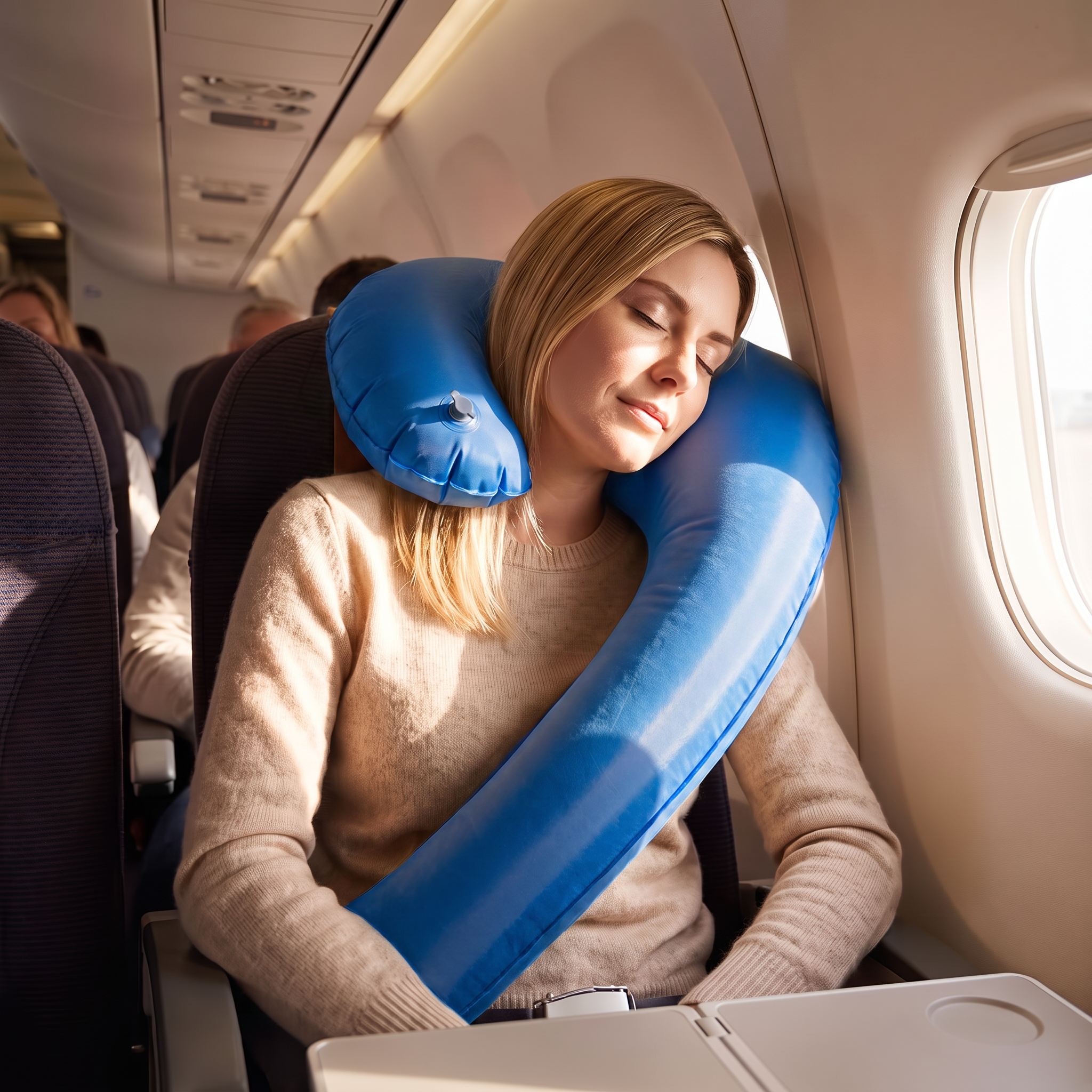 Blue inflatable travel sleep pillow in real-life use