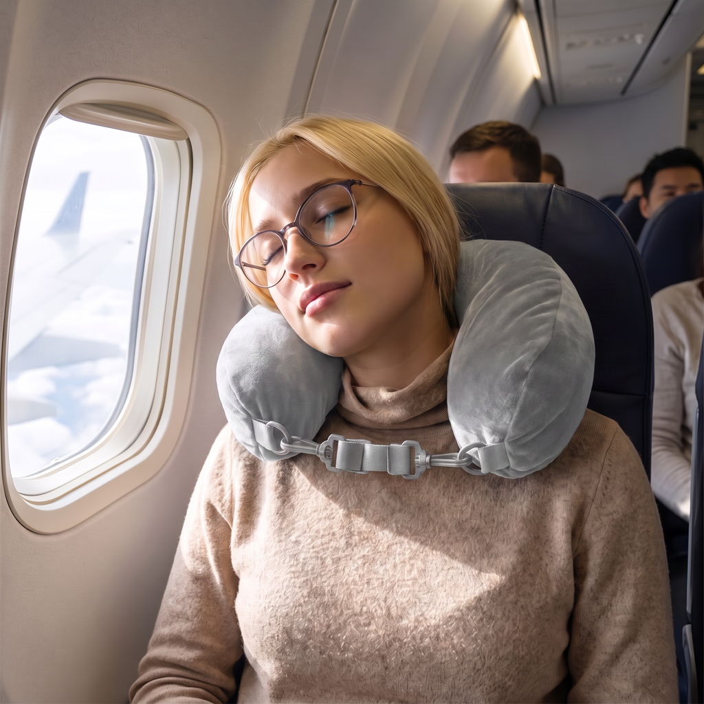 Light grey adjustable travel neck pillow in real-life use