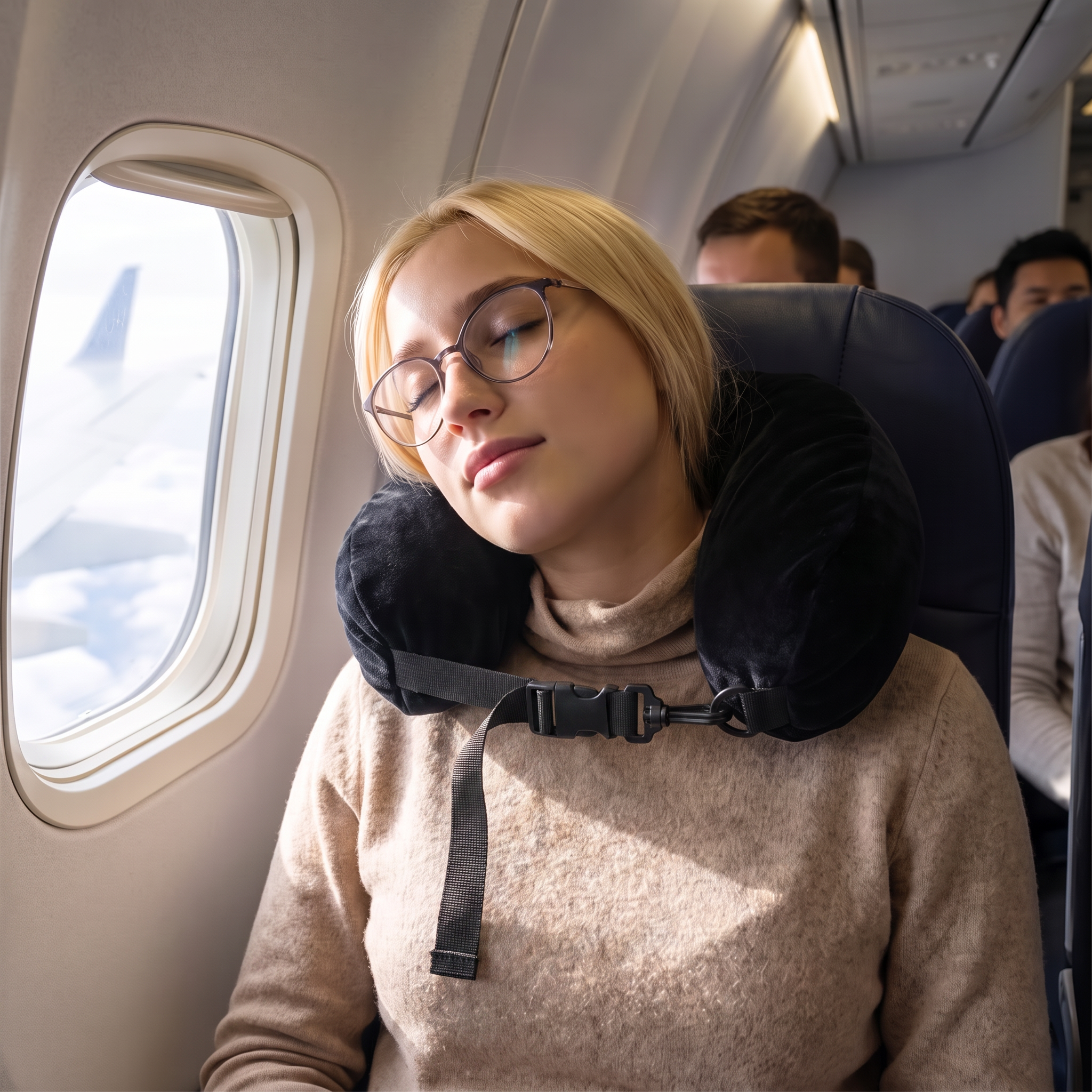 Black adjustable travel neck pillow in real-life use
