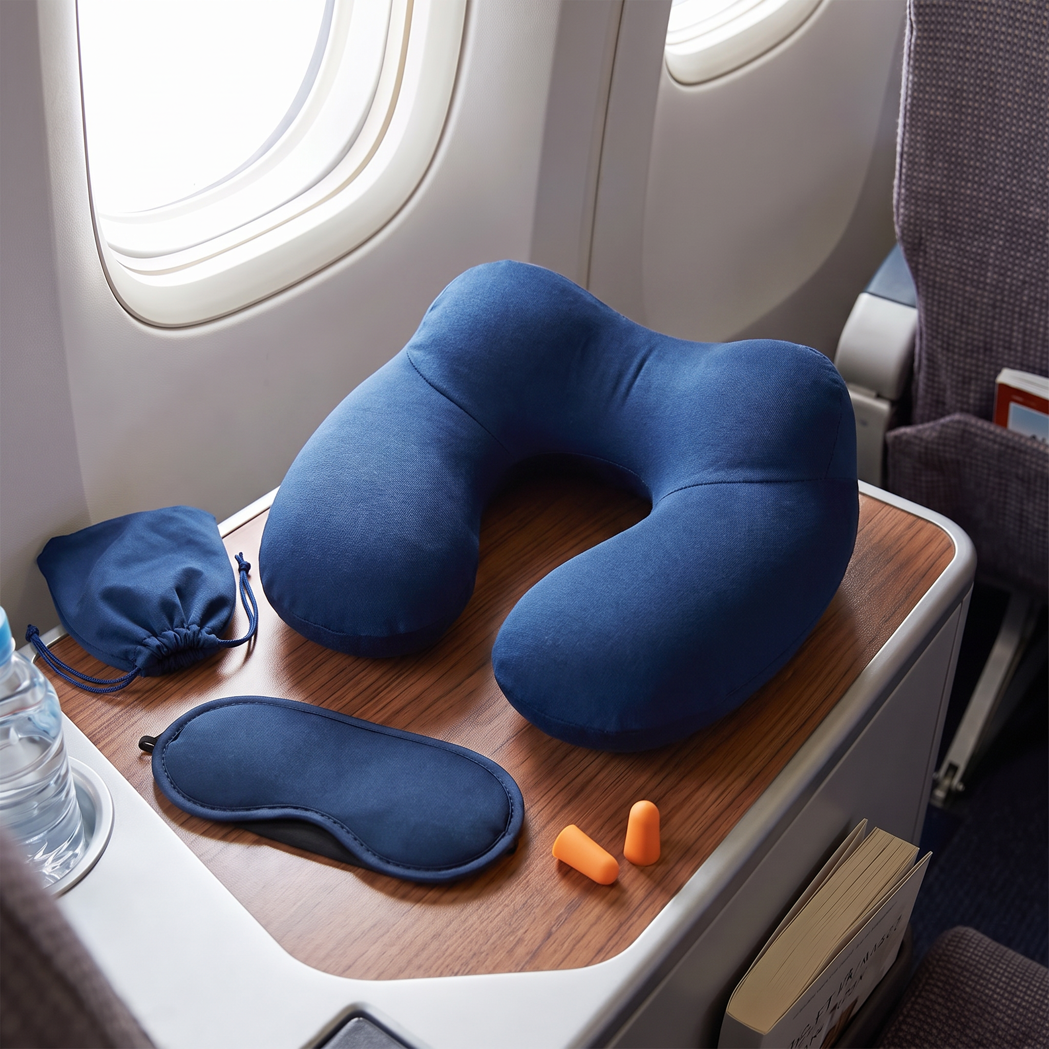 Blue travel pillow sleep kit in real-life use