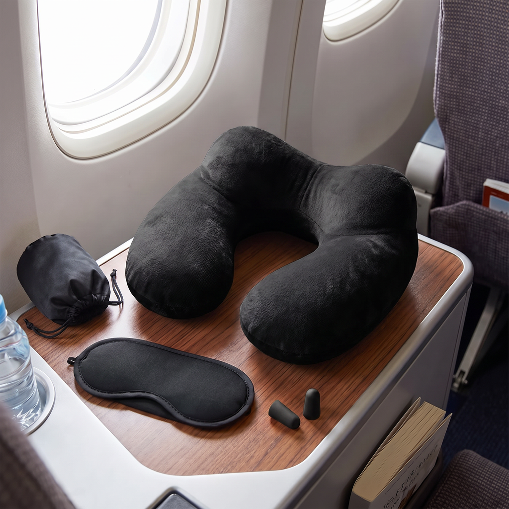 Black travel pillow sleep kit in real-life use