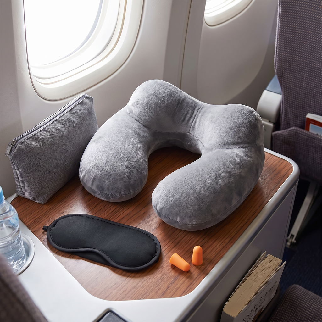 Grey travel pillow sleep kit in real-life use