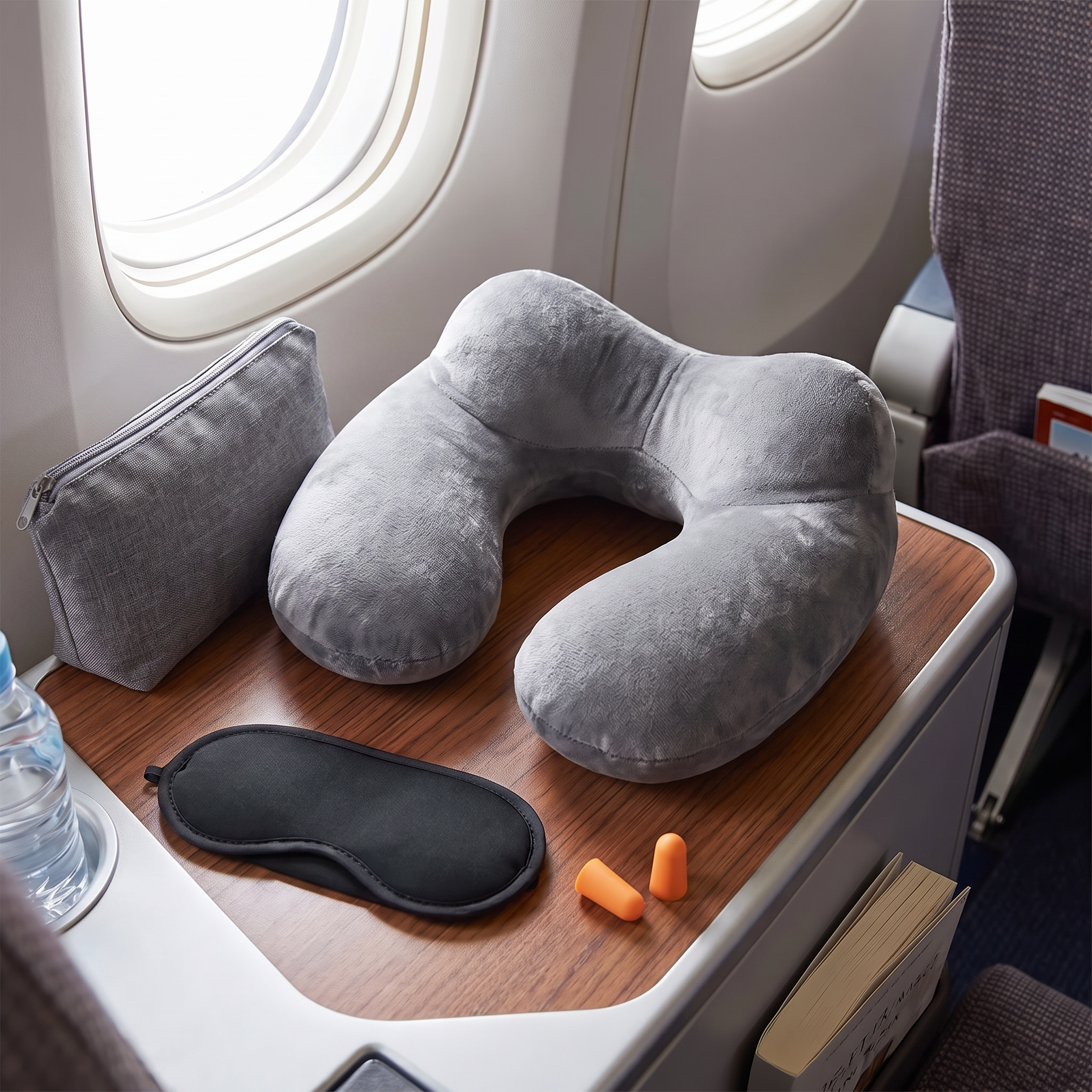 Grey travel pillow sleep kit in real-life use