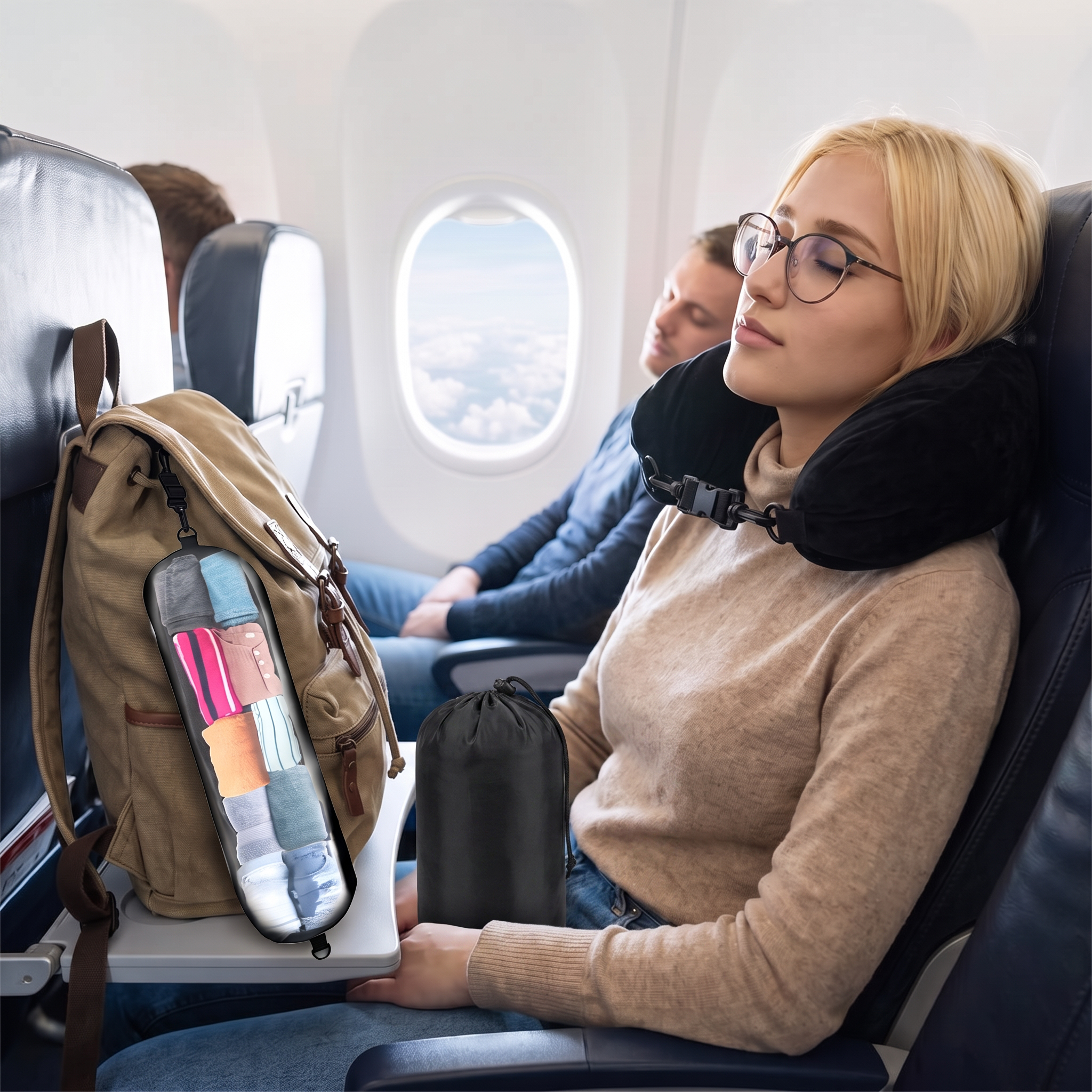 Black neck pillow with travel pouch in real-life use