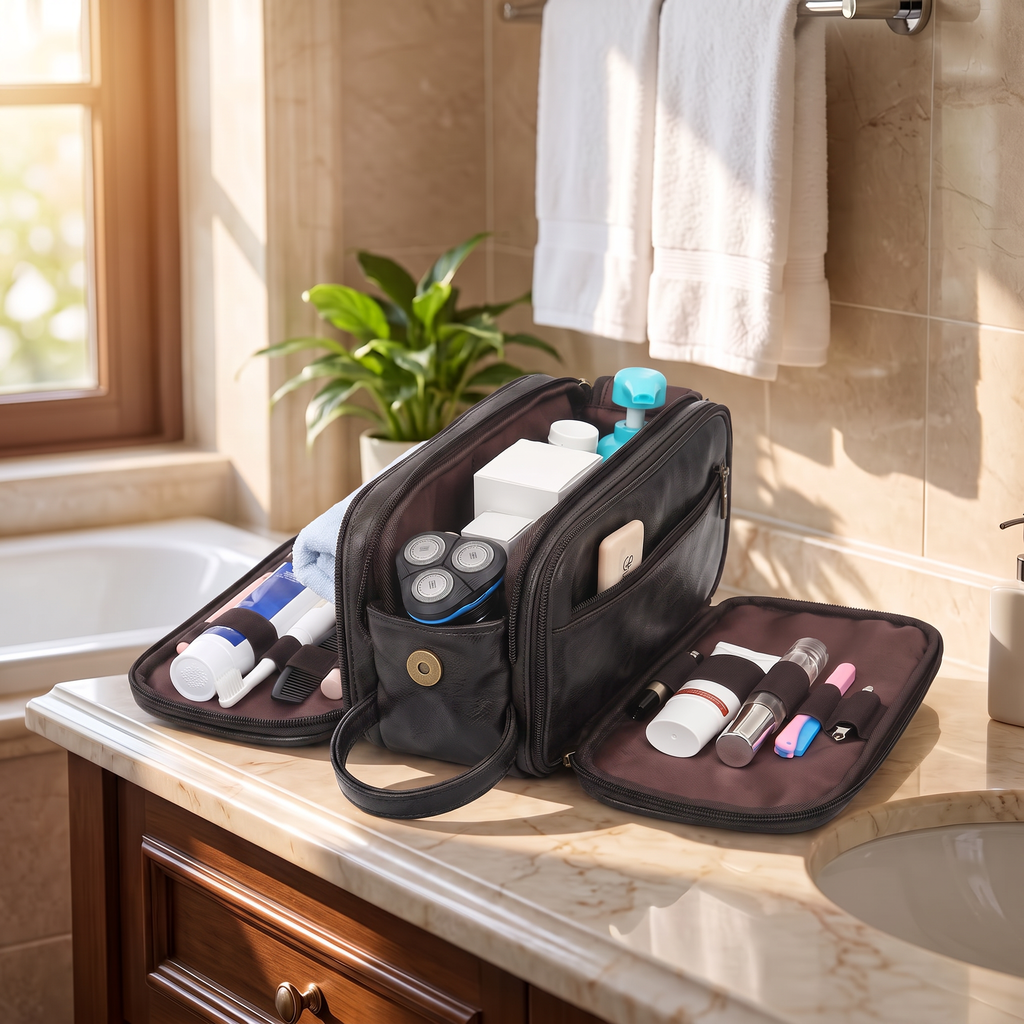 Black men's travel toiletry bag in real-life use