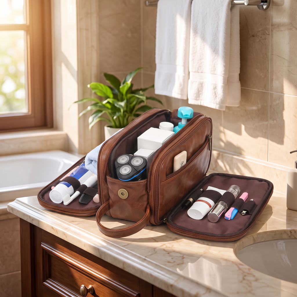 Brown men's travel toiletry bag in real-life use