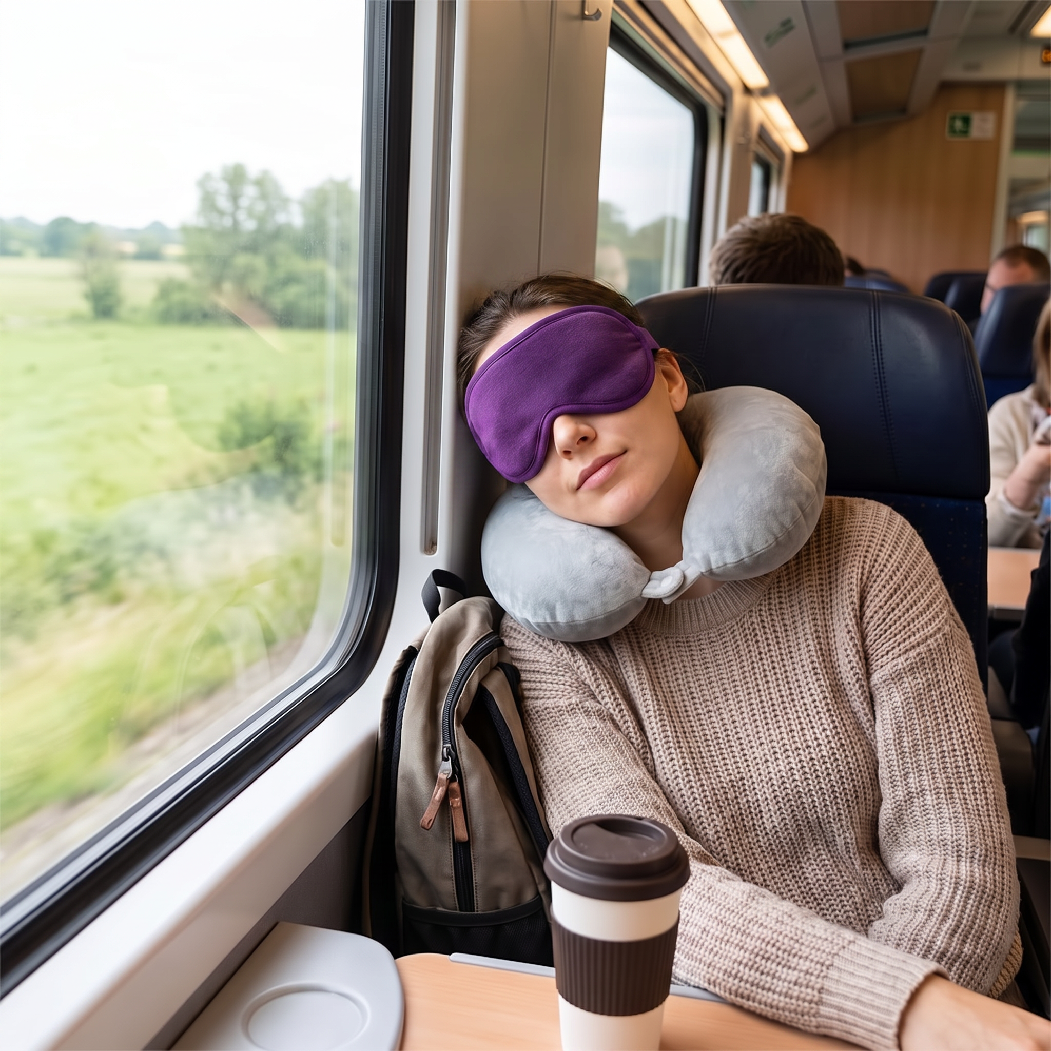 Purple travel sleep mask in real-life use