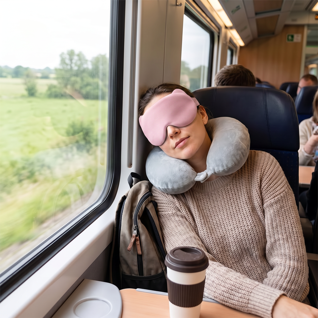 Pink travel sleep mask in real-life use