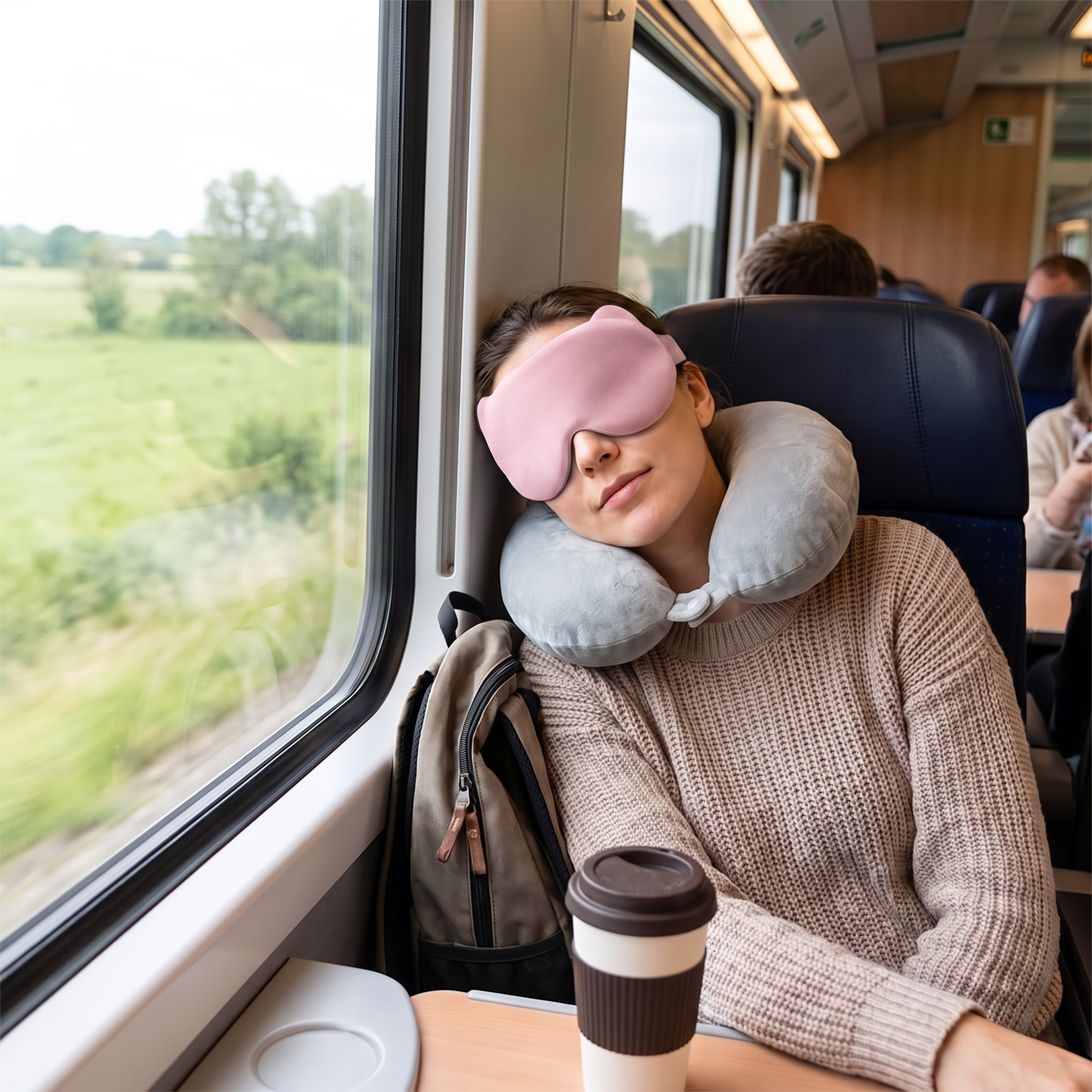 Pink travel sleep mask in real-life use
