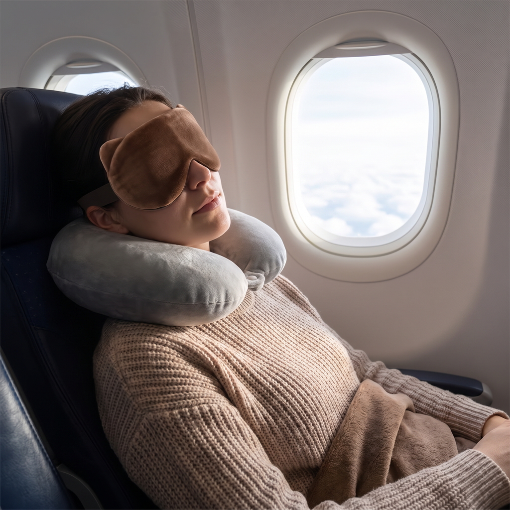 Brown travel sleep mask in real-life use