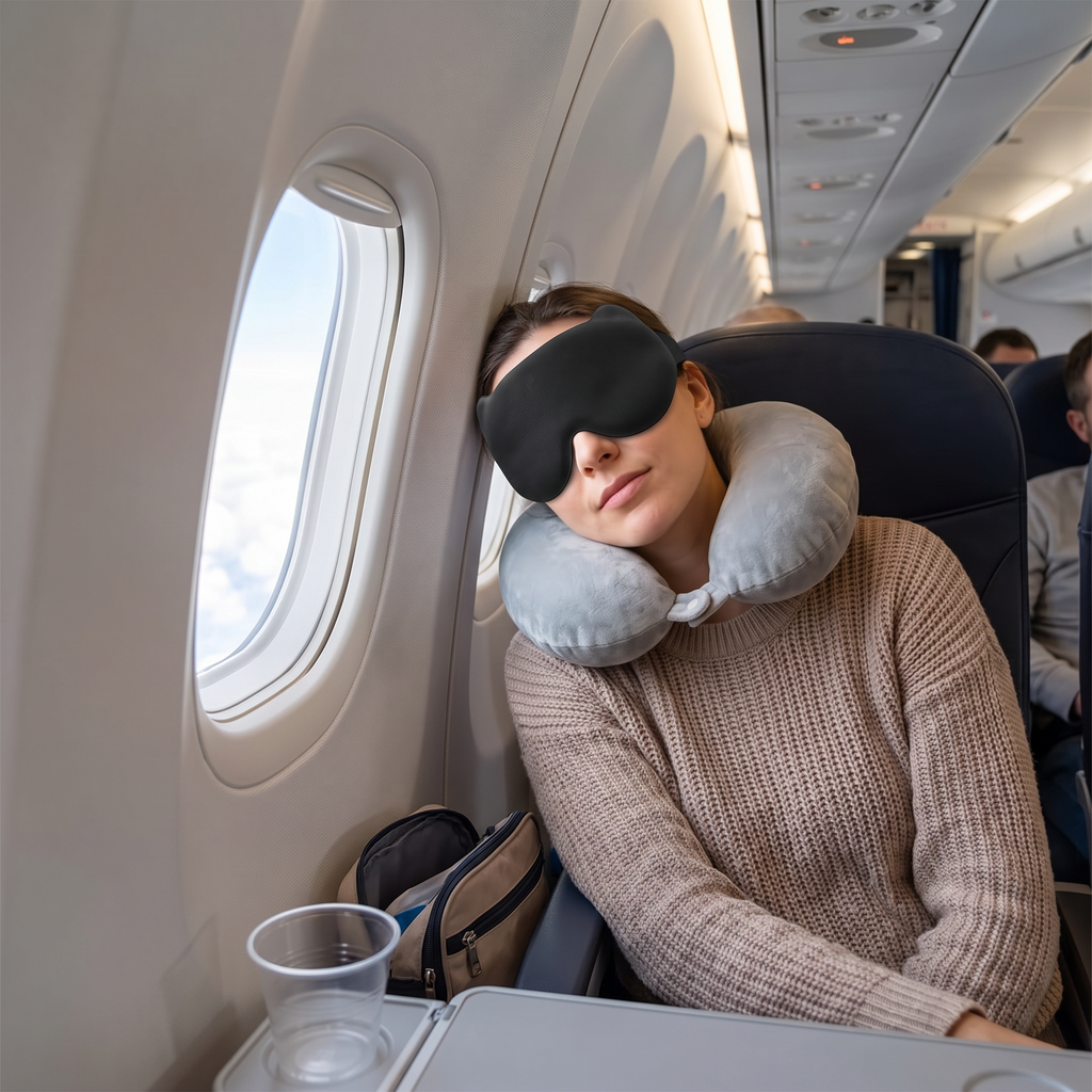 Black travel sleep mask in real-life use