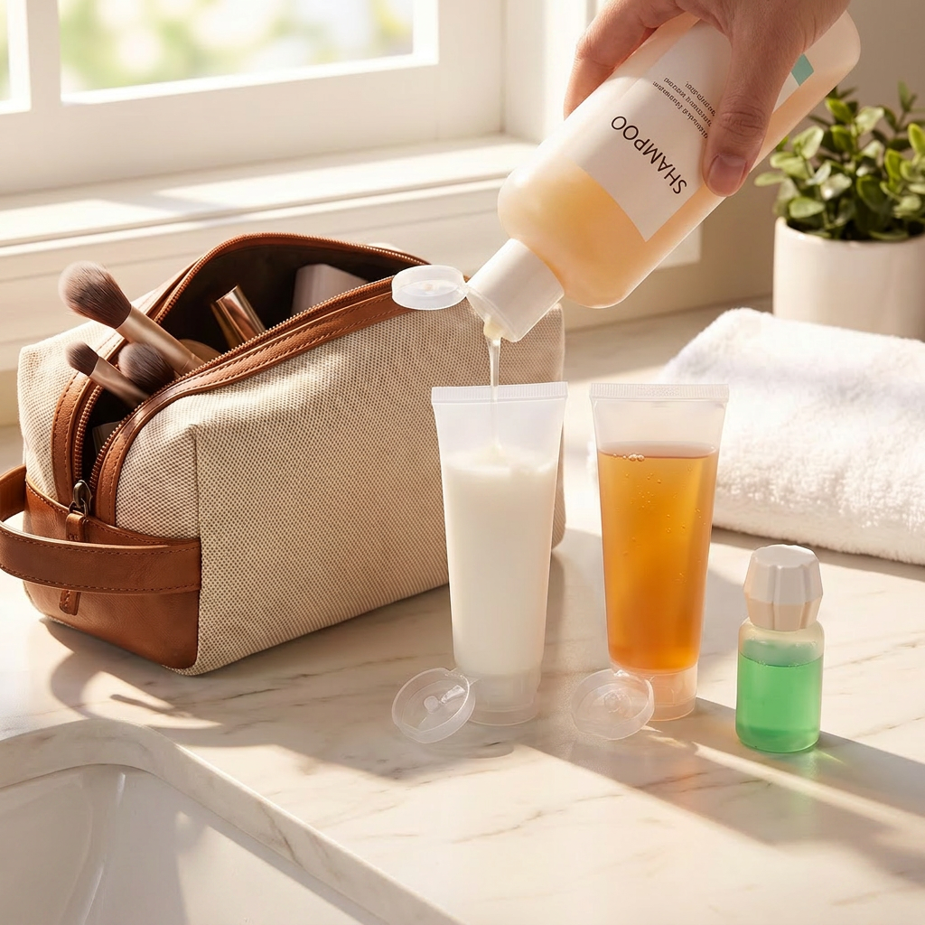 Travel Bottle Set 3 Pieces in real-life use on bathroom counter