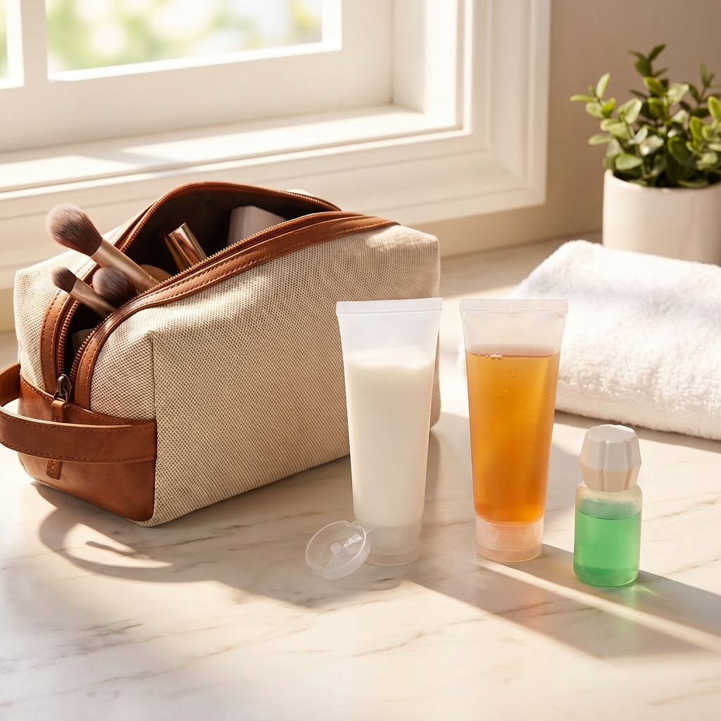 Travel Bottle Set 3 Pieces packed in suitcase toiletry bag