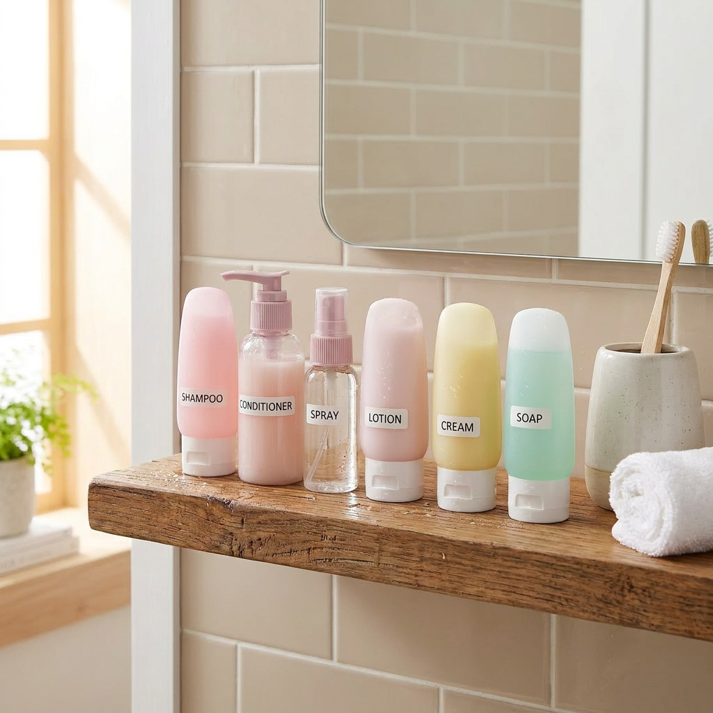 Travel Bottle Set with Labels lined up on bathroom shelf