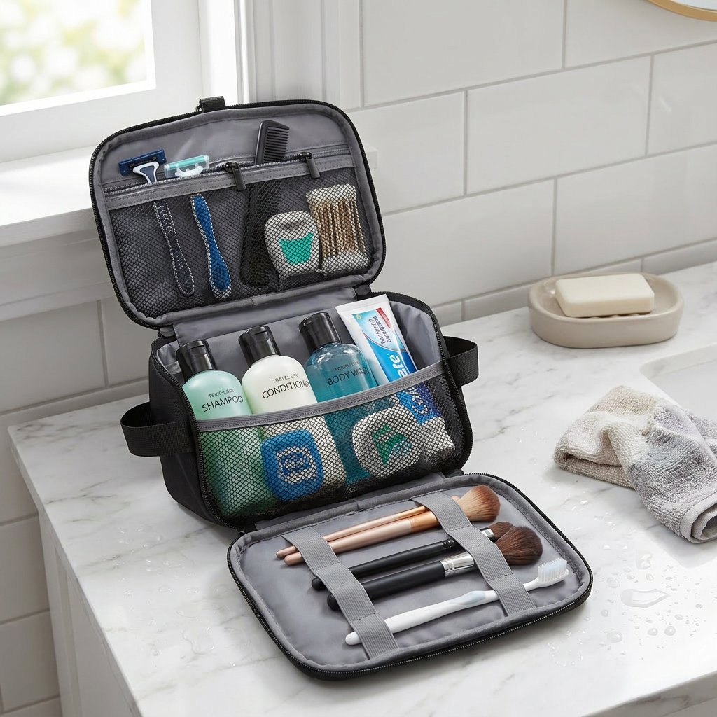 Travel Toiletry Bag open on bathroom counter with toiletries