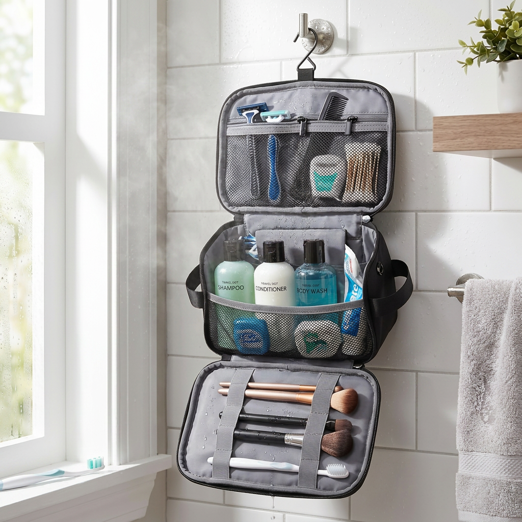 Travel Toiletry Bag hanging in hotel bathroom