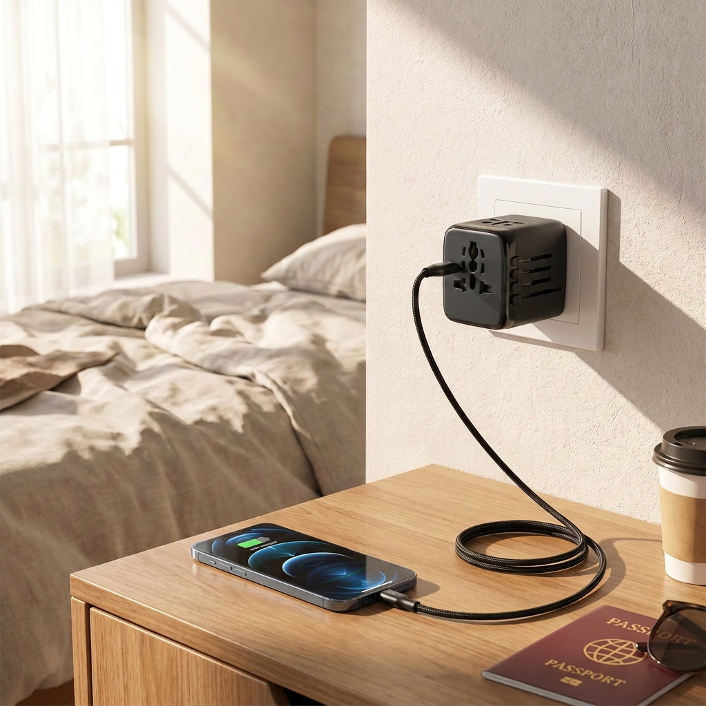 All-in-One Travel Adapter plugged into hotel wall outlet
