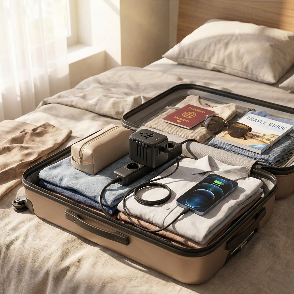All-in-One Travel Adapter packed in open suitcase