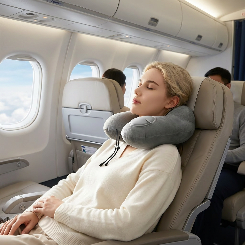 Inflatable U-Shape Neck Pillow worn on an airplane