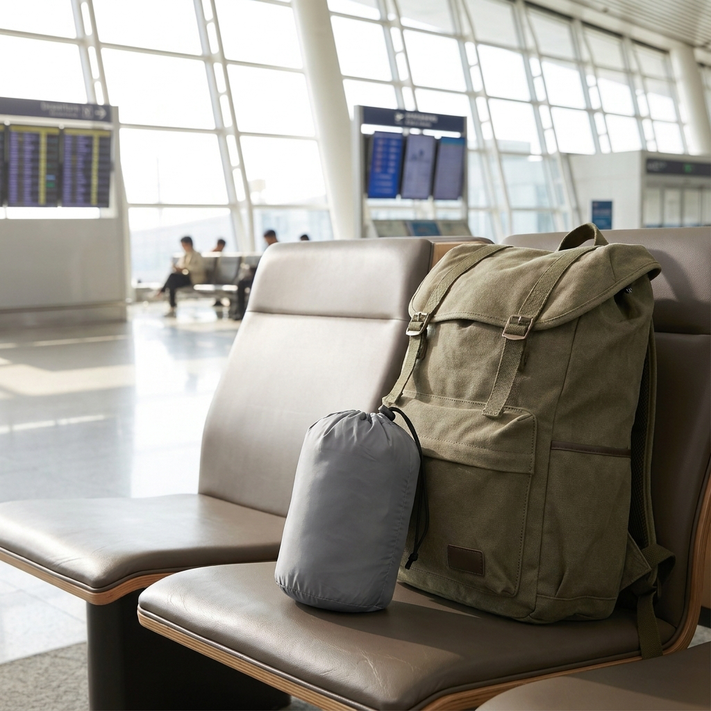Inflatable U-Shape Neck Pillow deflated in travel pouch