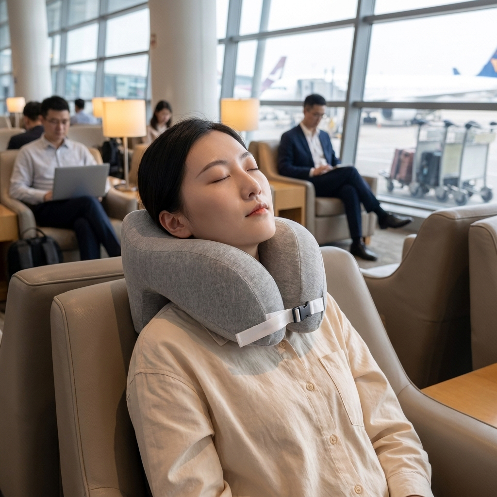 Memory Foam Travel Neck Pillow worn in airport lounge