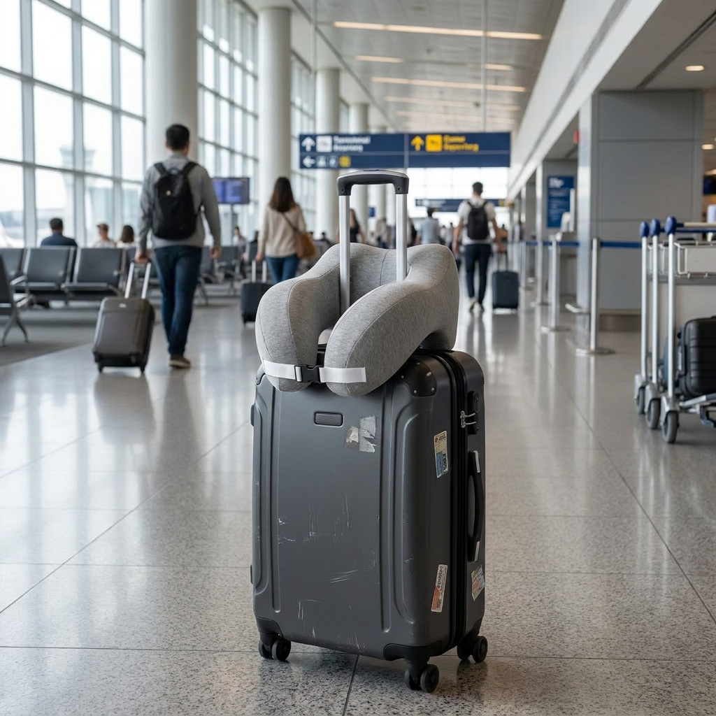 Memory Foam Travel Neck Pillow strapped to suitcase