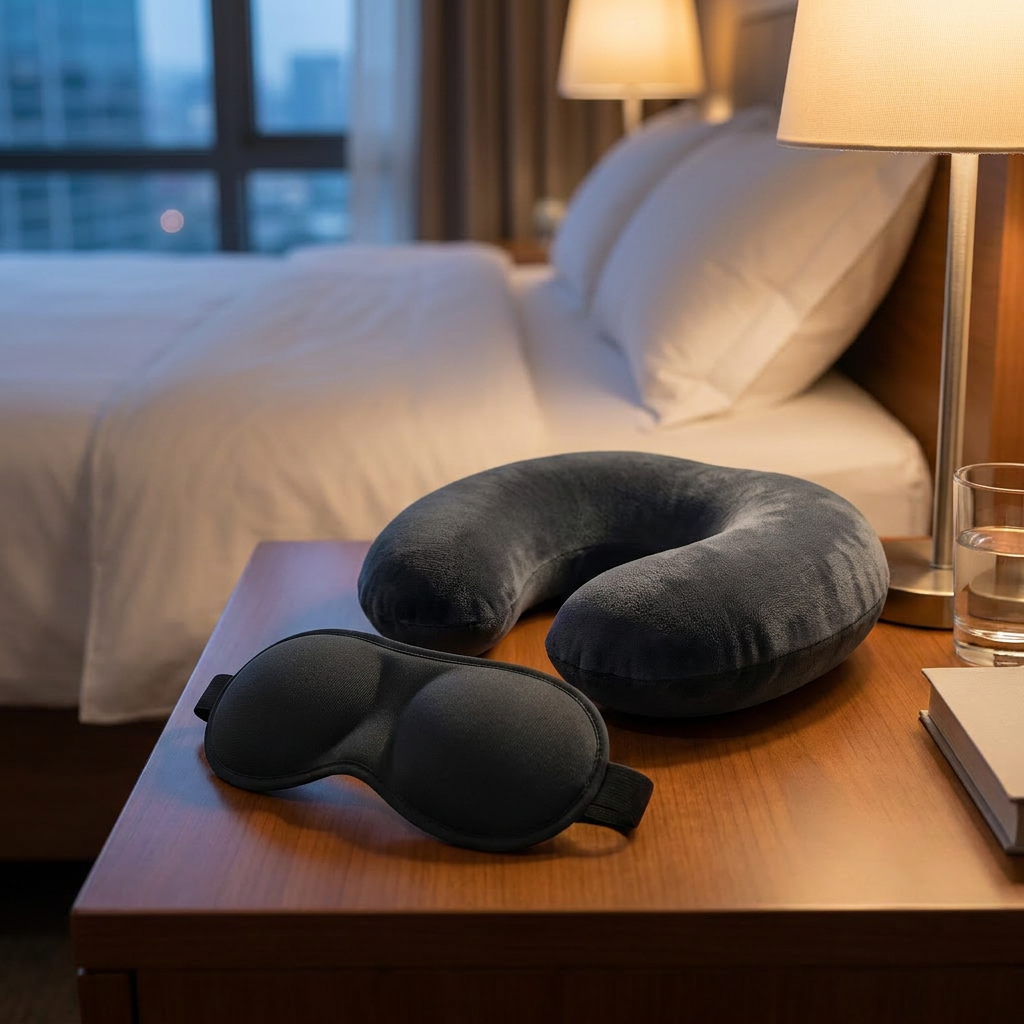 3D Contoured Eye Mask on a nightstand next to a neck pillow