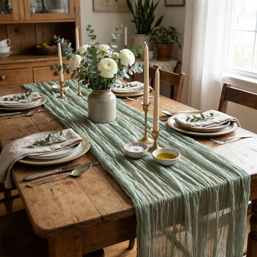 Sheer Gauze Table Runner, Sage Edition