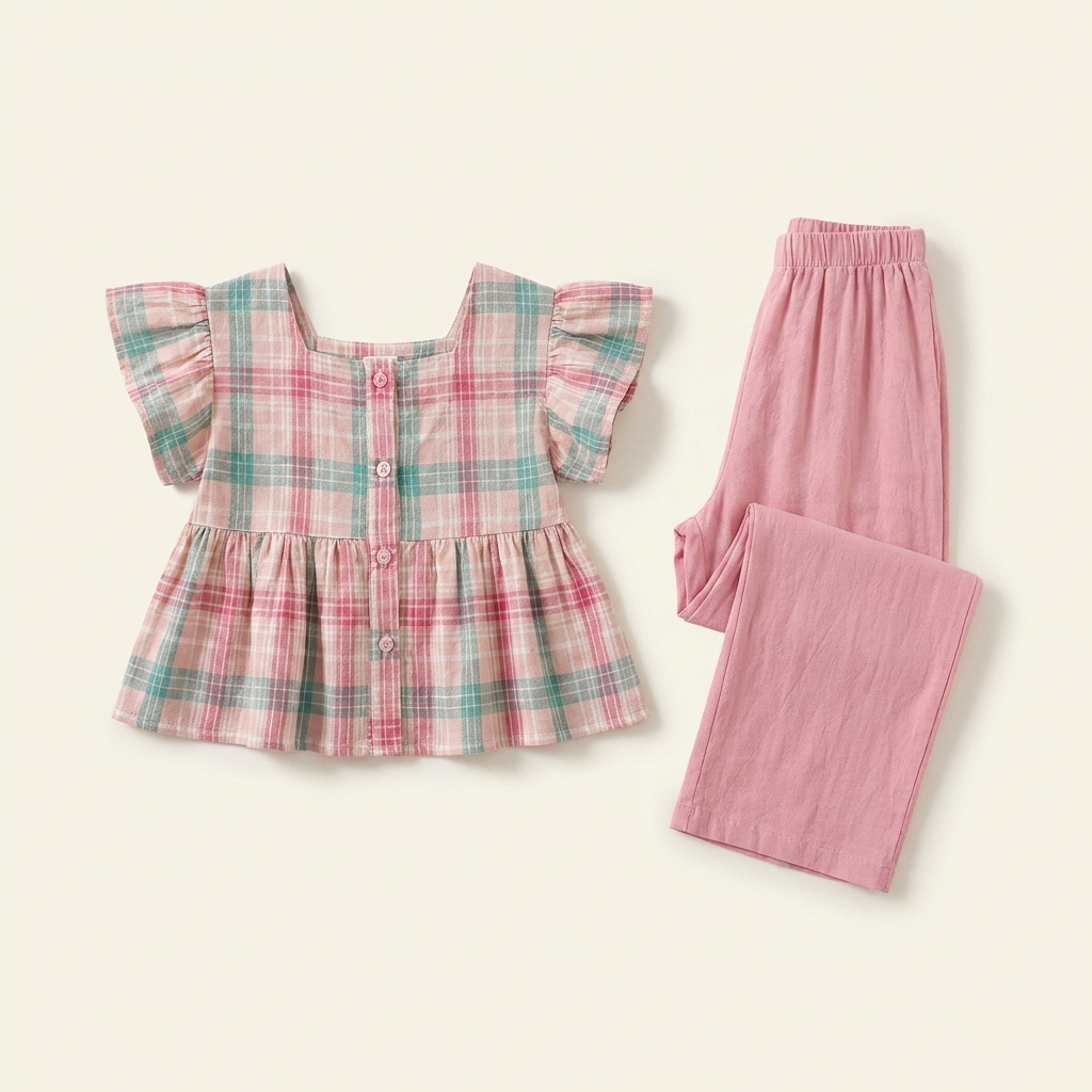 Girls Pink Checkered Top and Wide Leg Pants Two-Piece Set