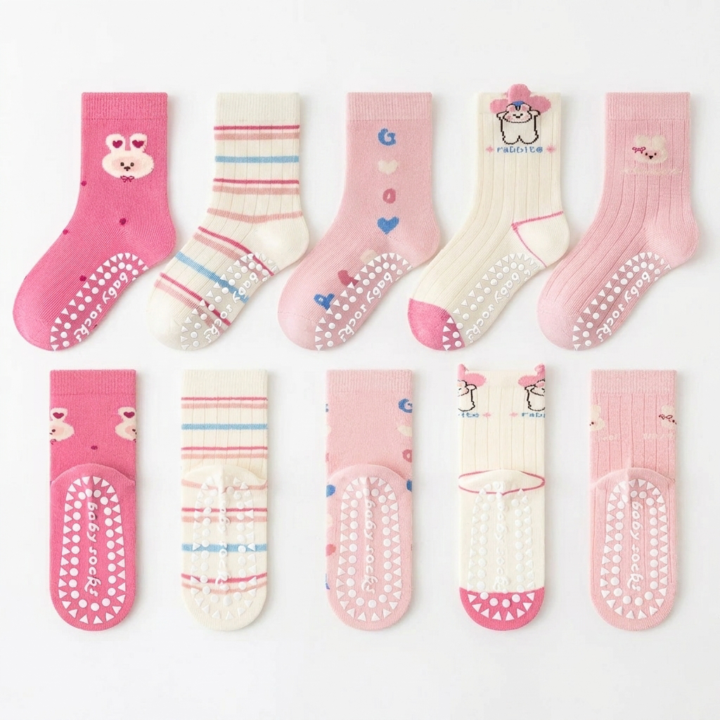5-Pack Children's Floor Socks with Bunny and Floral Patterns
