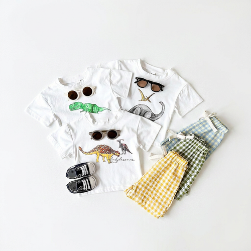 Baby Dinosaur Print Top and Grid Shorts 2-Piece Set