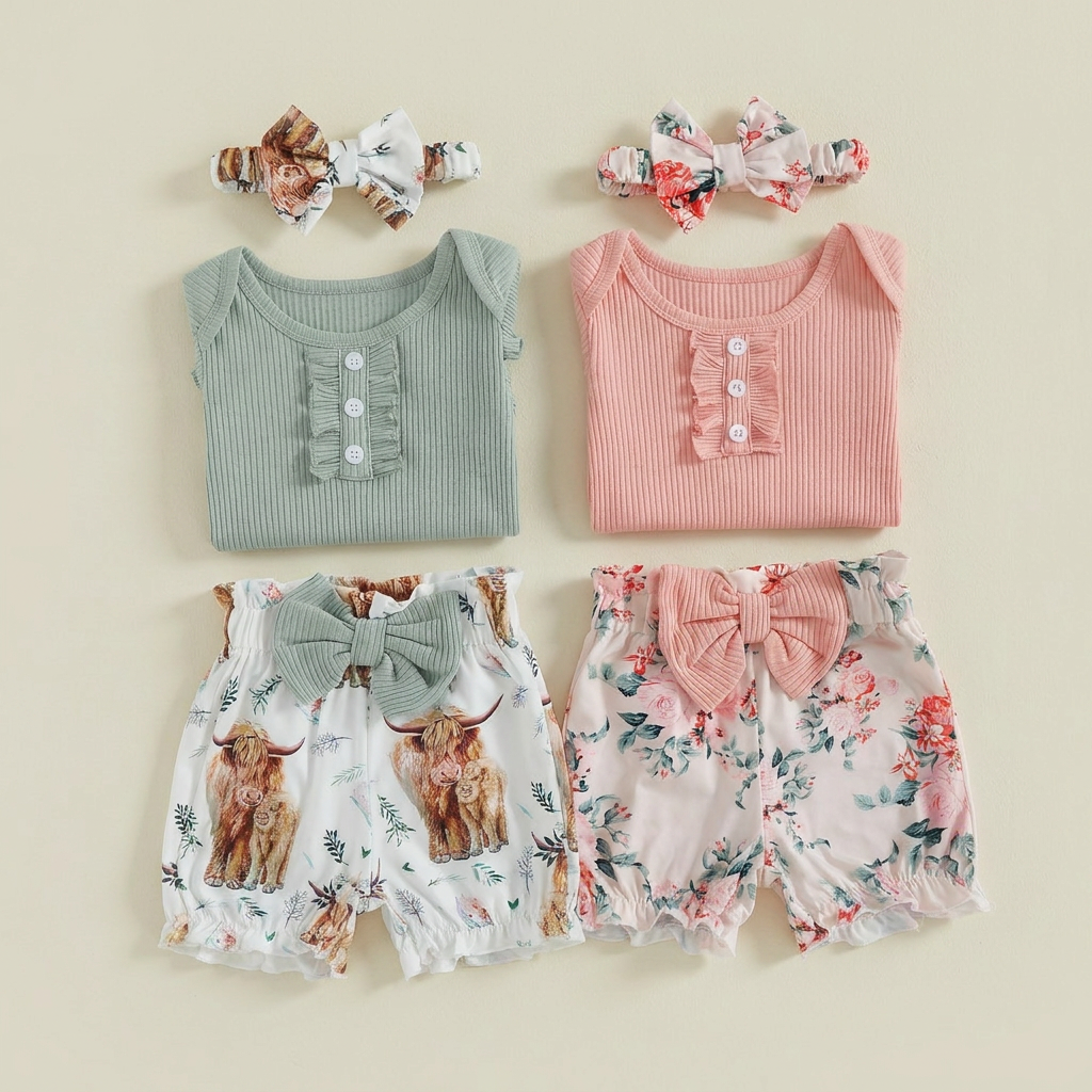 Infant Girl Romper, Cow Print Shorts and Headband Set