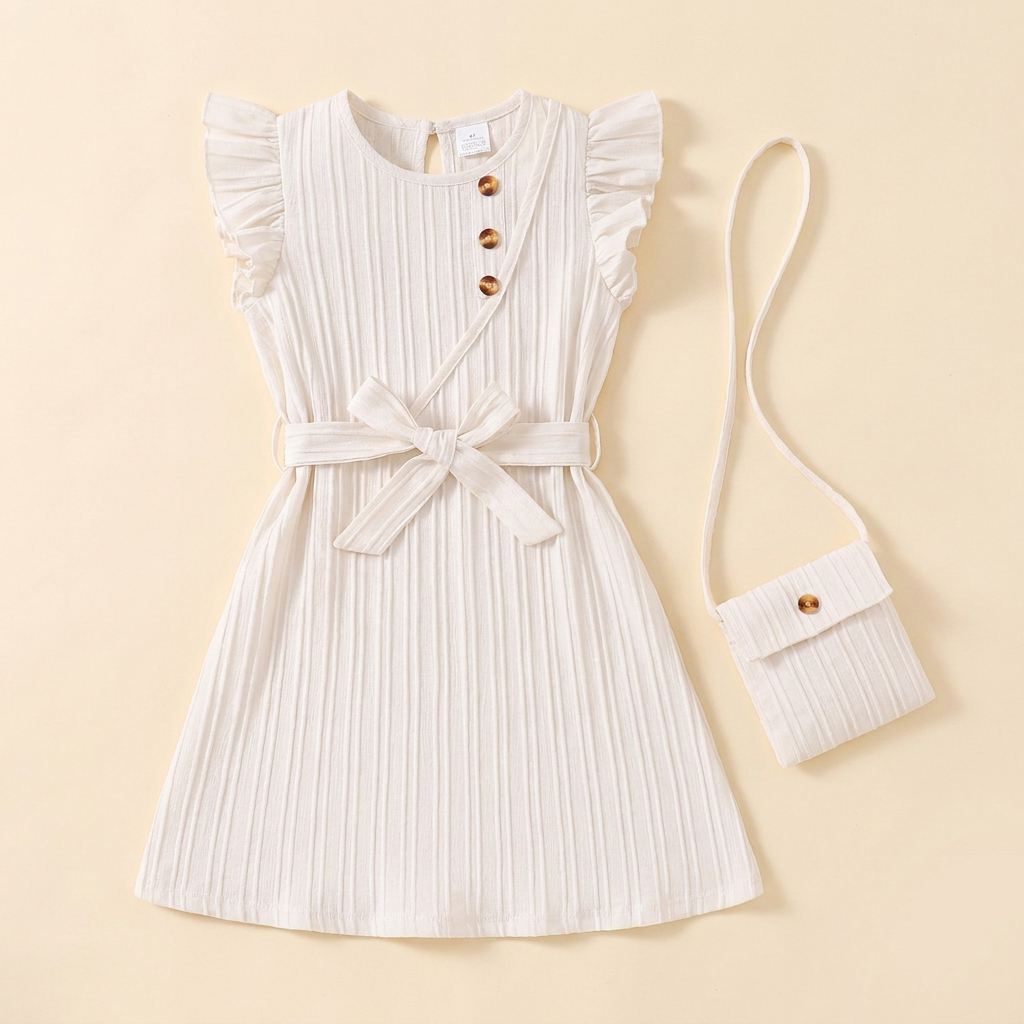 Girls Flying Sleeve Dress with Small Satchel