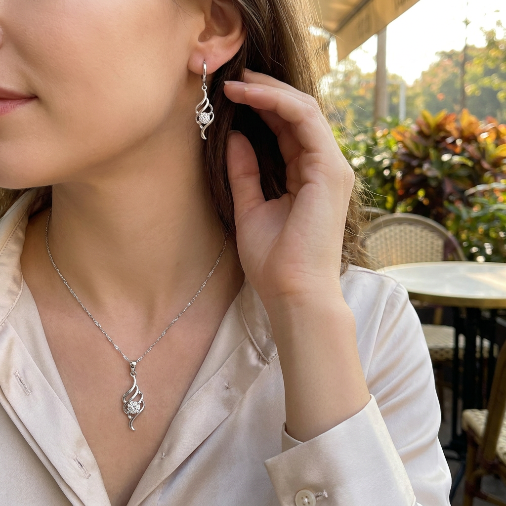 925 Sterling Silver Pendant Necklace and Hoop Earring Jewelry Set